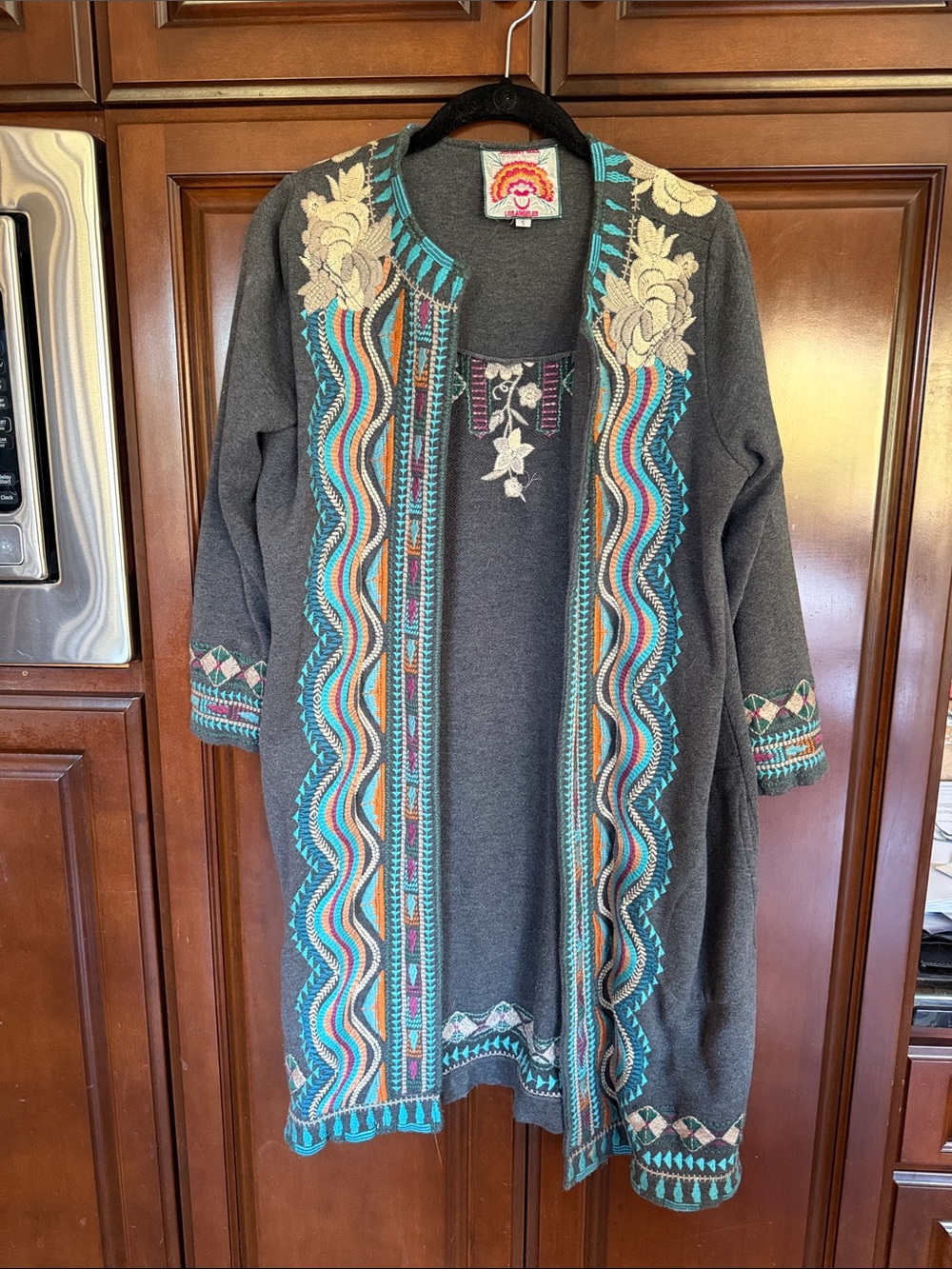 Johnny Was Gray Embroidered Longline Cardigan with Teal & Orange Accents